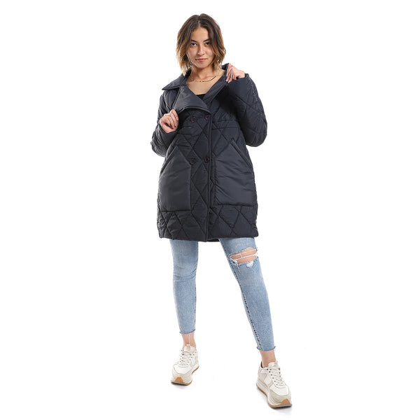 Double Breasted Button Plain Navy Blue Puffer Jacket