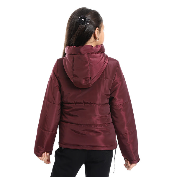Zipper Closure Hooded Waterproof Girls Jacket - Burgundy