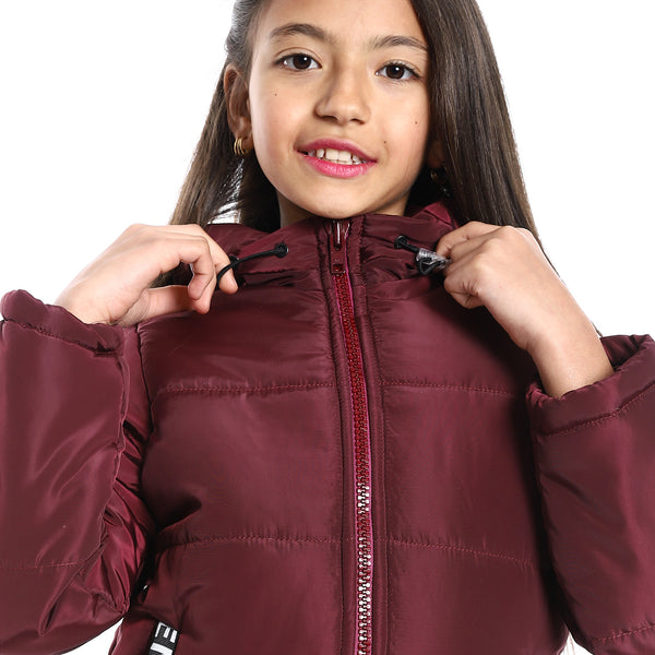 Zipper Closure Hooded Waterproof Girls Jacket - Burgundy