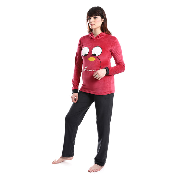 embroidered_pattern_slip_on_hooded_pajama_set_-_fuchsia_-_black