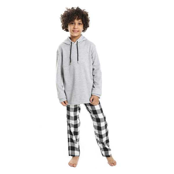Patterned Hooded Neck Boys Pajama Set - Heather Grey, Black & White