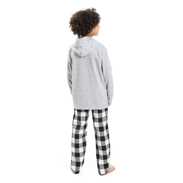 Patterned Hooded Neck Boys Pajama Set - Heather Grey, Black & White