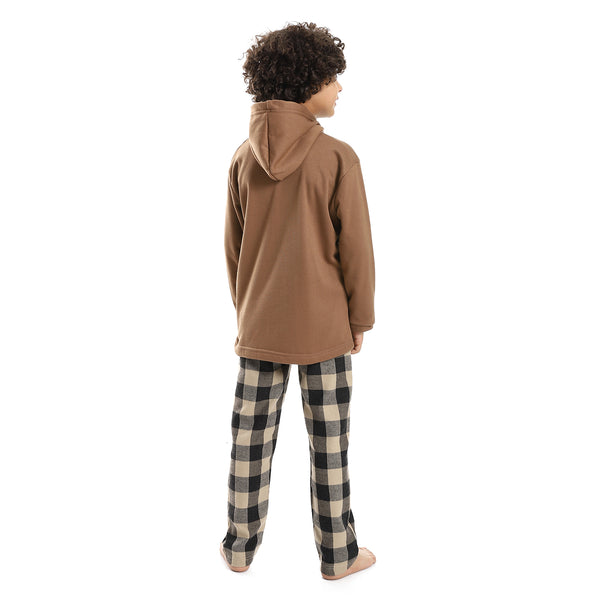 Patterned Hooded Neck Boys Pajama Set - Coffee Brown, Black & Beige