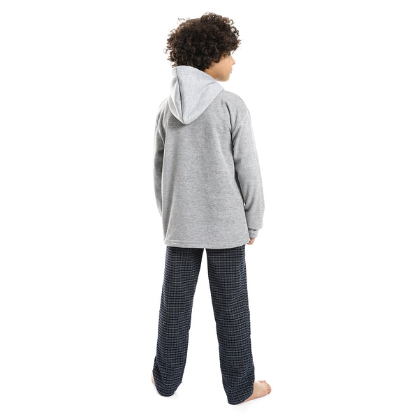 Patterned Hooded Neck Boys Pajama Set - Heather Grey & Navy Blue
