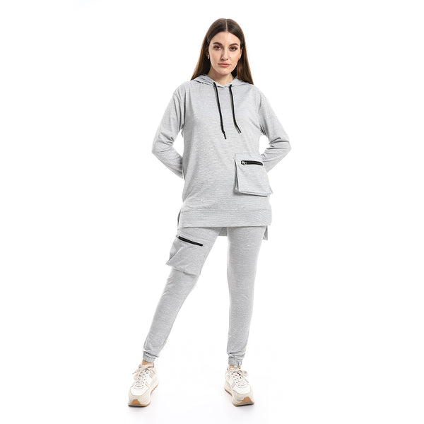 Long Sleeves Hooded Cotton Tracksuit - Heather Grey