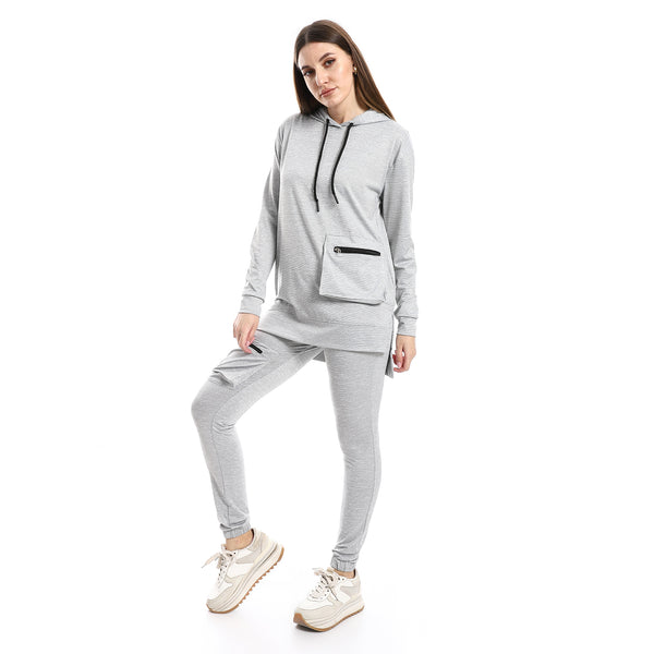 Long Sleeves Hooded Cotton Tracksuit - Heather Grey