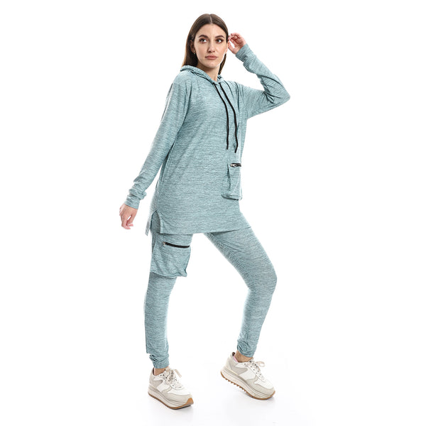 Side Slits Heather Mint Cotton Tracksuit With Hooded Collar