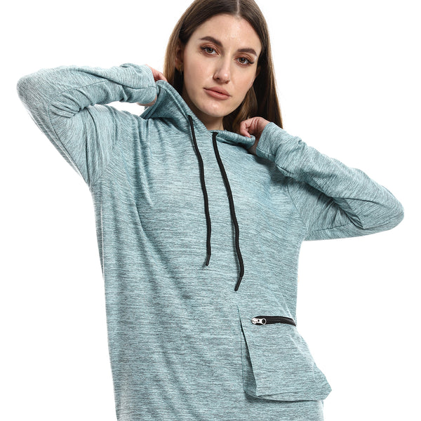 Side Slits Heather Mint Cotton Tracksuit With Hooded Collar