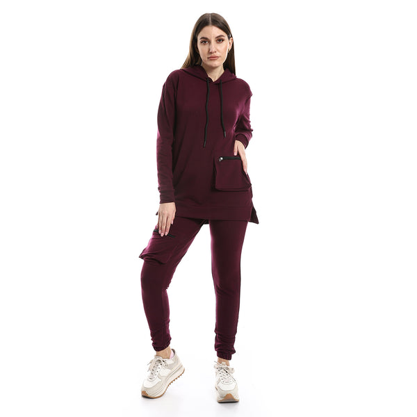 Zipper Double Pockets Long Sleeves Wine Red Tracksuit