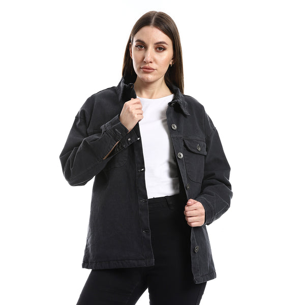 Chest Pockets Medium Grey Fur Lined Gabardine Jacket