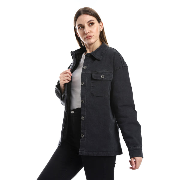 Chest Pockets Medium Grey Fur Lined Gabardine Jacket
