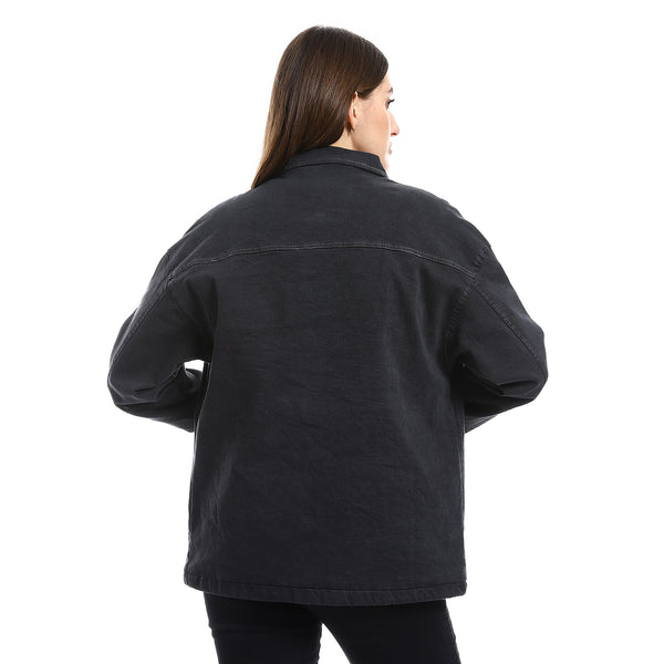 Chest Pockets Medium Grey Fur Lined Gabardine Jacket