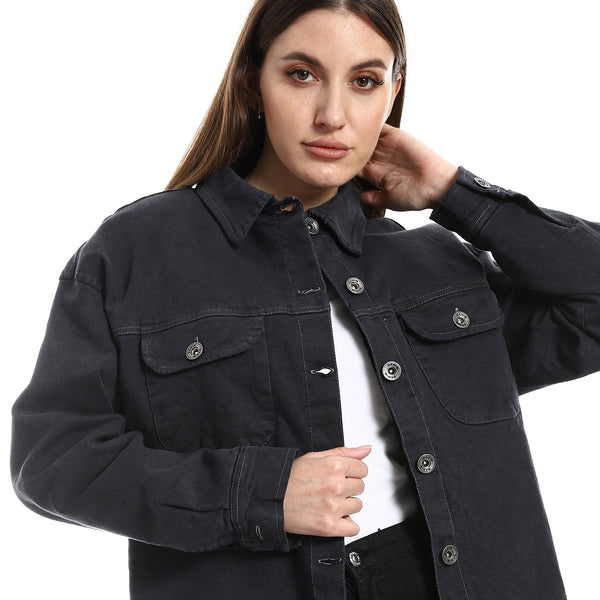 Chest Pockets Medium Grey Fur Lined Gabardine Jacket
