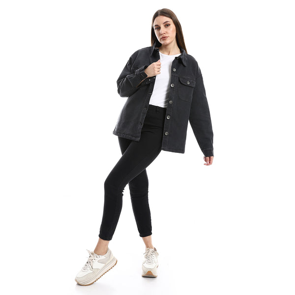 Chest Pockets Medium Grey Fur Lined Gabardine Jacket