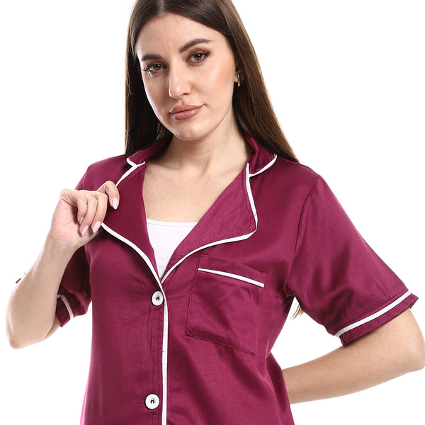 Button Down Sleepshirts For Women Notch Collar - Purple