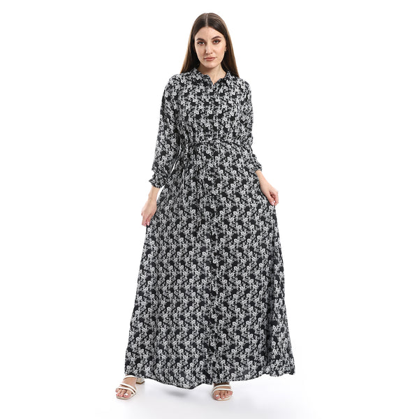 Floral Long Sleeves Black, Grey & White Dress