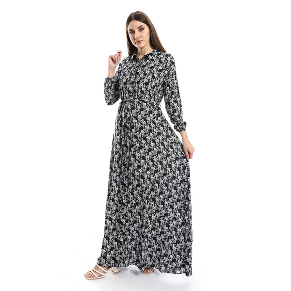 Floral Long Sleeves Black, Grey & White Dress