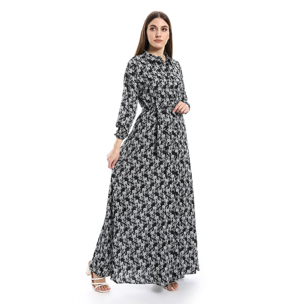 Floral Long Sleeves Black, Grey & White Dress