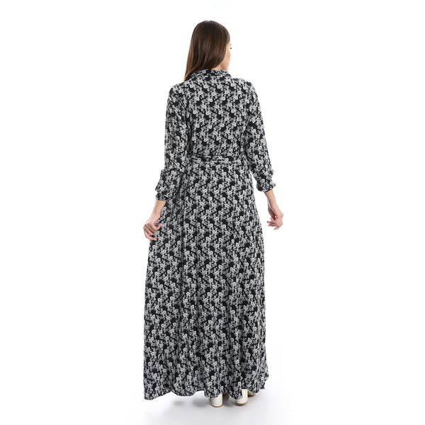 Floral Long Sleeves Black, Grey & White Dress