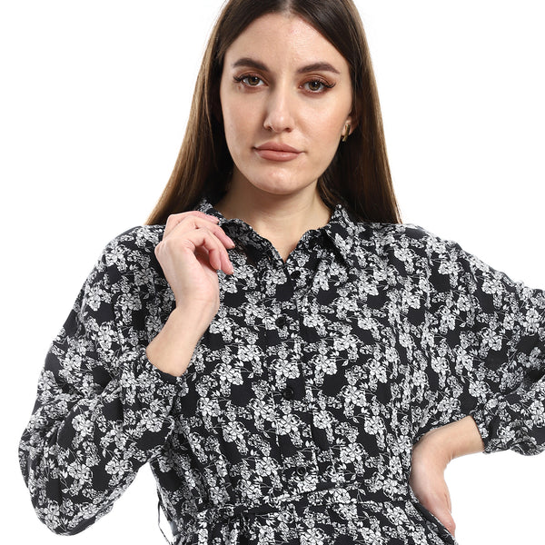 Floral Long Sleeves Black, Grey & White Dress