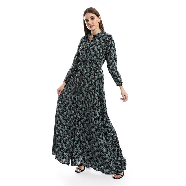 Ankle Length Floral Dress - Black, Mint & White