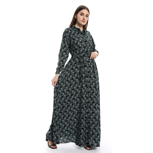 Ankle Length Floral Dress - Black, Mint & White