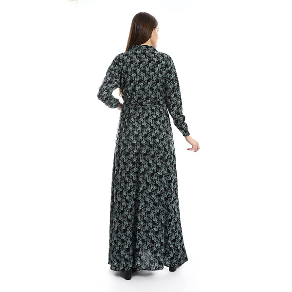 Ankle Length Floral Dress - Black, Mint & White
