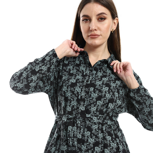 Ankle Length Floral Dress - Black, Mint & White
