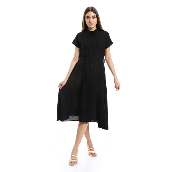 Knees Length Cap Sleeves Textured Dress - Black