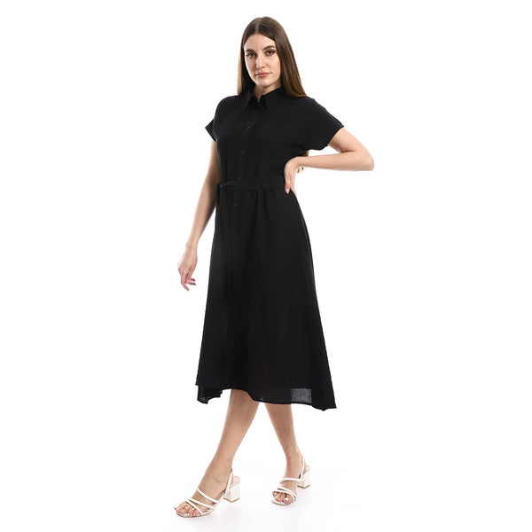 Knees Length Cap Sleeves Textured Dress - Black