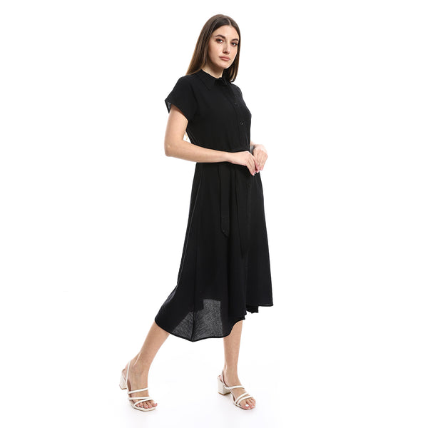 Knees Length Cap Sleeves Textured Dress - Black