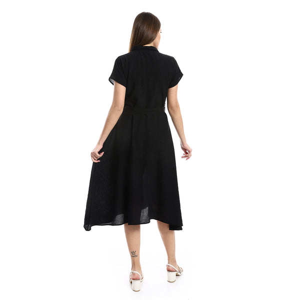 Knees Length Cap Sleeves Textured Dress - Black