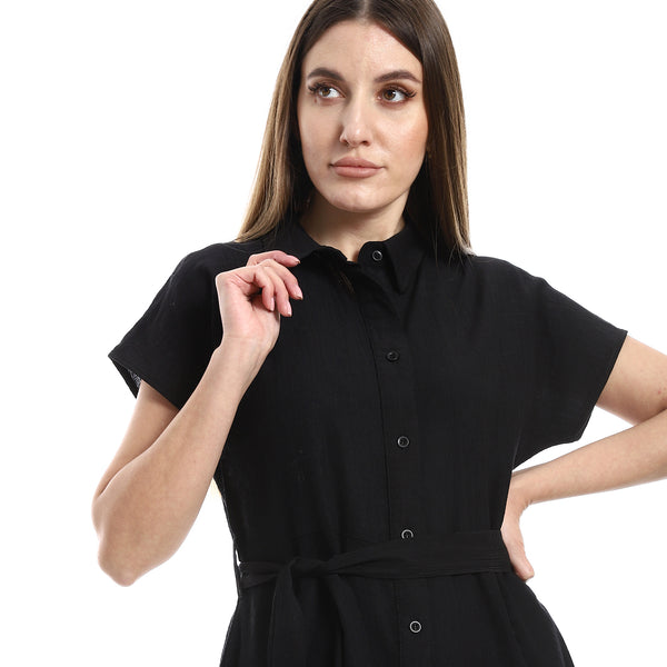 Knees Length Cap Sleeves Textured Dress - Black