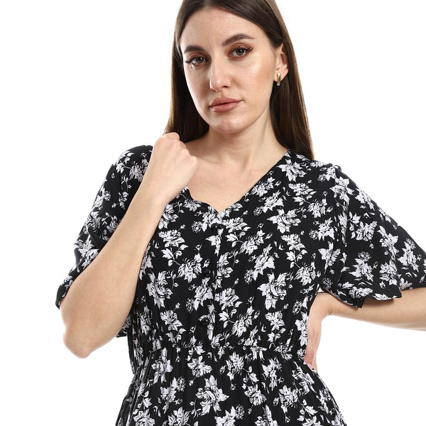 Short Sleeves Floral Dress With Chest Buttons - Black & White