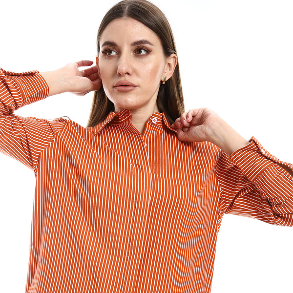 Curved Hem Orange & White Long Sleeves Striped Shirt