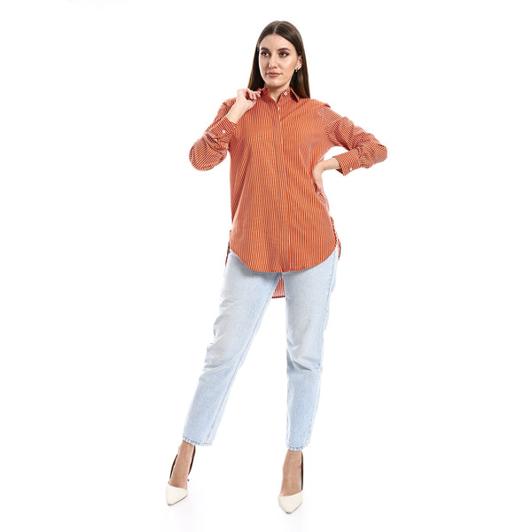 Curved Hem Orange & White Long Sleeves Striped Shirt