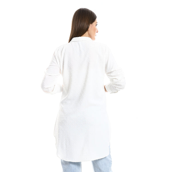 Long Sleeves Prominint Stitches White Buttons Down Shirt