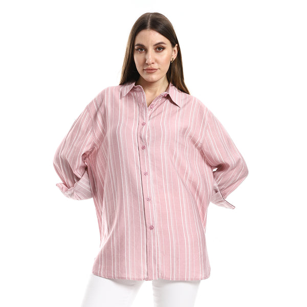 High Low Round Hem Nude & White Striped Shirt