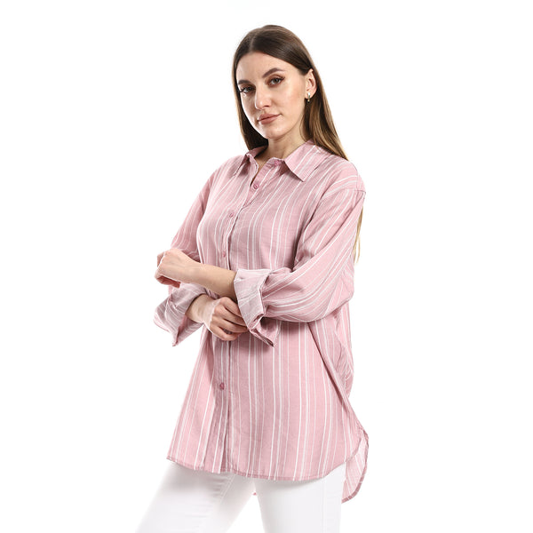 High Low Round Hem Nude & White Striped Shirt