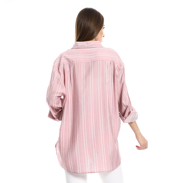 High Low Round Hem Nude & White Striped Shirt