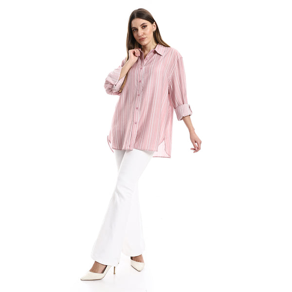 High Low Round Hem Nude & White Striped Shirt