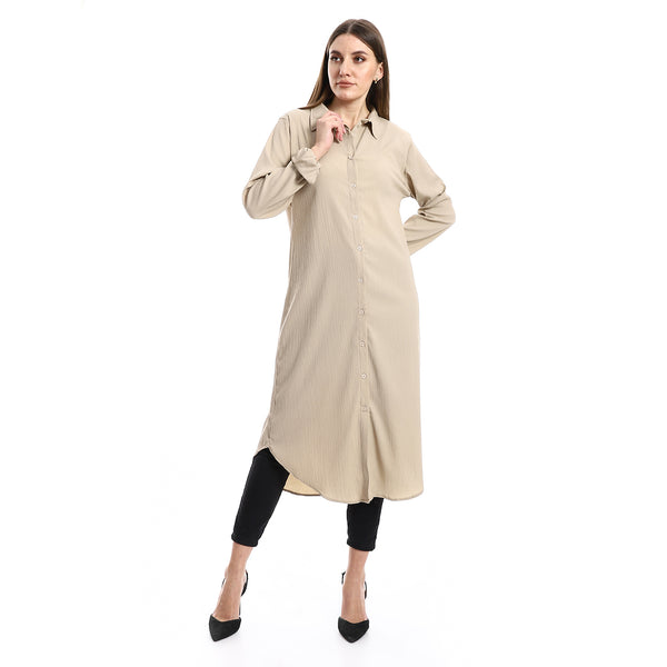 Textured Mid Calf Beige Turn Down Collar Shirt