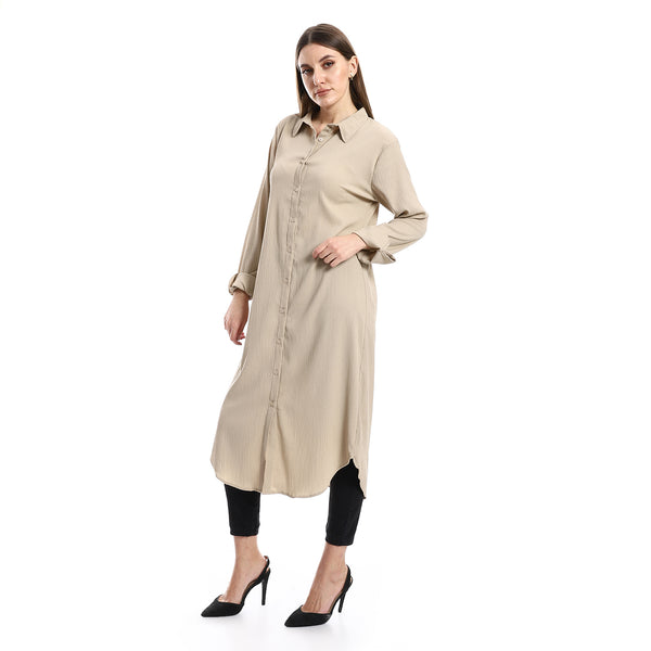 Textured Mid Calf Beige Turn Down Collar Shirt