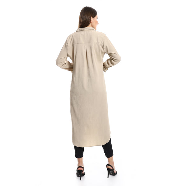 Textured Mid Calf Beige Turn Down Collar Shirt