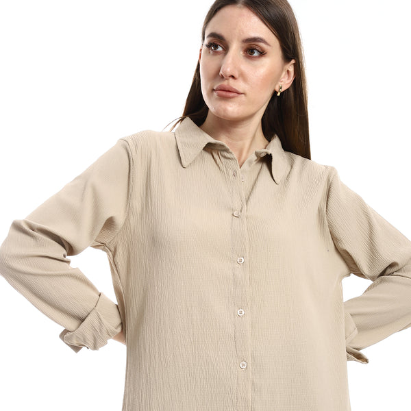 Textured Mid Calf Beige Turn Down Collar Shirt
