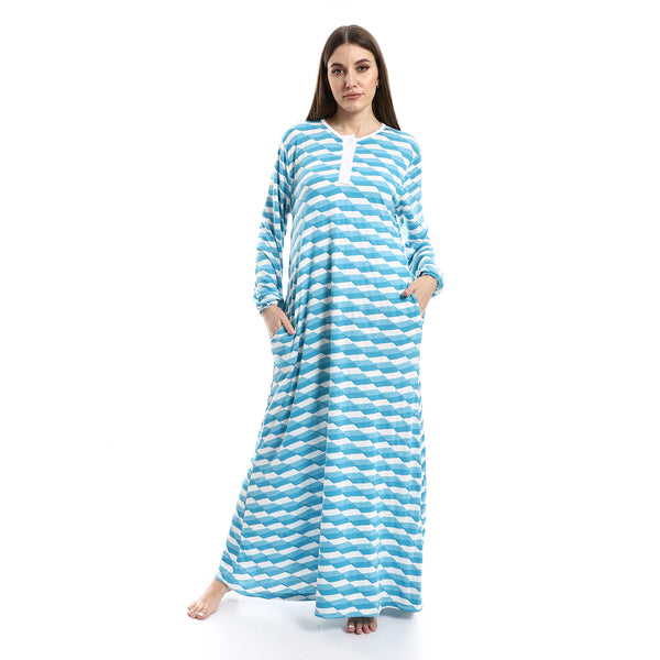 Long Sleeves Self Patterned Nightgown - White & Sky Blue