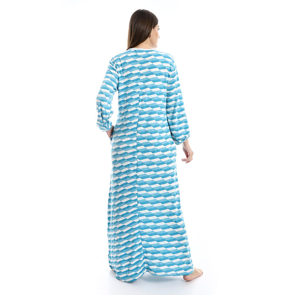 Long Sleeves Self Patterned Nightgown - White & Sky Blue