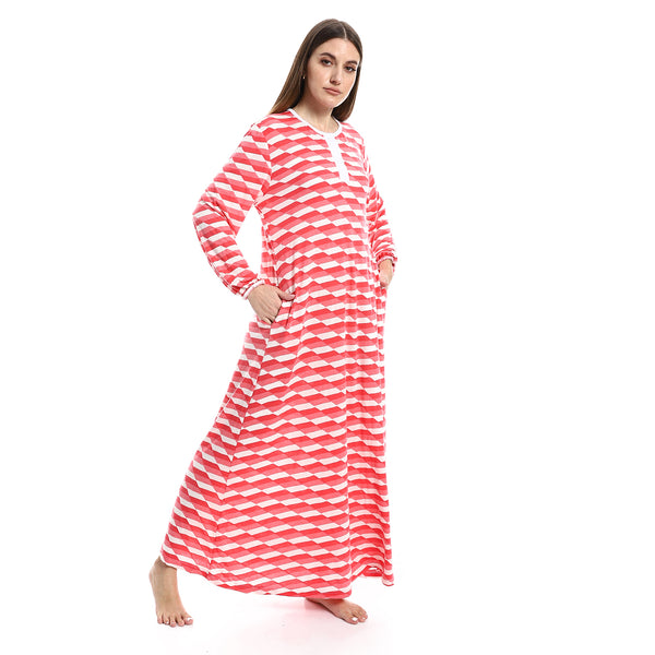 Henely Neck White & Watermelon Nightgown With Pockets