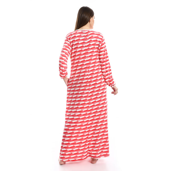 Henely Neck White & Watermelon Nightgown With Pockets
