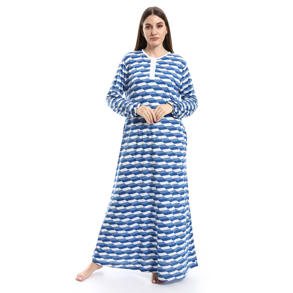 White & Blue Shades Self Patterned Nightgown